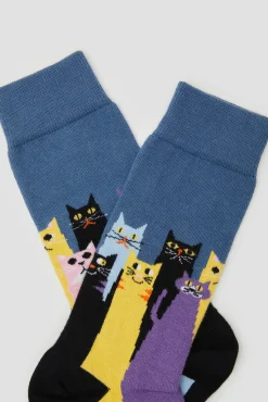 Calcetines altos Besocks de gatos de algodón orgánico color azul