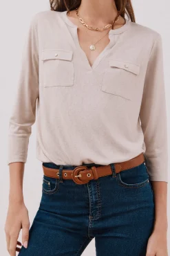 Camiseta cuello mao efecto lino