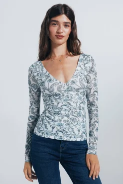 Camiseta gasa escote frunces estampada