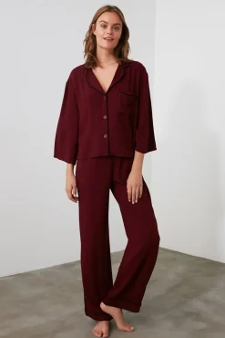 Conjunto pijama camisero viscosa burdeos ribetes