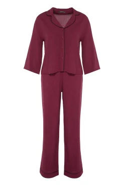 Conjunto pijama camisero viscosa burdeos ribetes