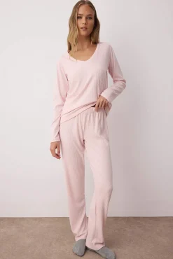 Conjunto pijama invierno canalé rosa