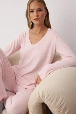 Conjunto pijama invierno canalé rosa