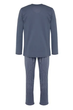 Conjunto pijama largo azul rayas100% algodón