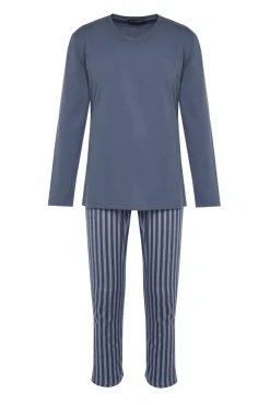 Conjunto pijama largo azul rayas100% algodón
