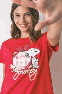 Pijama largo 100% algodón cuadros rojo Snoopy