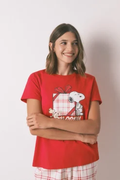 Pijama largo 100% algodón cuadros rojo Snoopy