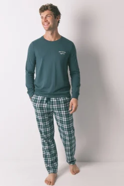 Pijama largo 100% algodón cuadros verde