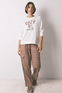 Pijama largo 100% algodón estampado cuadros Snoopy