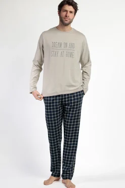 Pijama largo azul y beige cuadrospara hombre