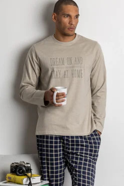 Pijama largo azul y beige cuadrospara hombre