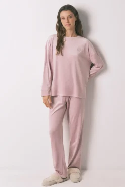 Pijama largo canalé terciopelo rosa