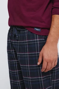Pijama largo pantalón fannel cuadros granate