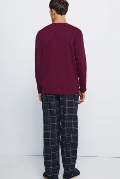 Pijama largo pantalón fannel cuadros granate