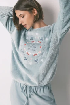 Pijama largo terciopelo textura azul