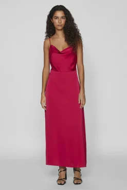 Vestido largo satinado escote drapeado