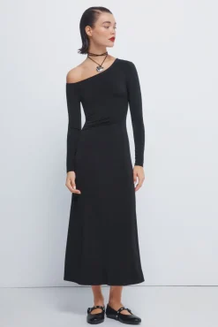 Vestido midi drapeado escote asimétrico