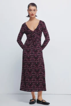 Vestido midi escote frunces estampado