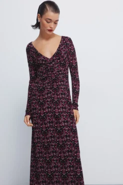 Vestido midi escote frunces estampado