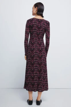 Vestido midi escote frunces estampado